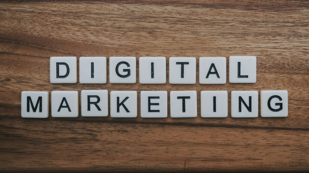 Digital marketing letter tiles on a wooden table